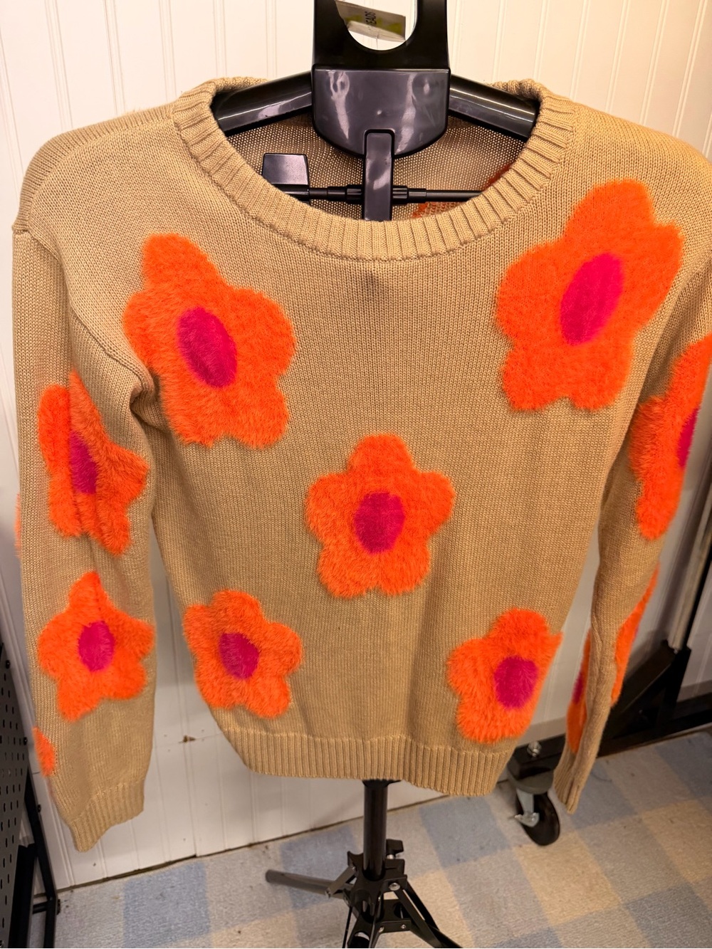 Epic Threads Beige Crewneck Sweater with Orange & Pink Floral Appliqués